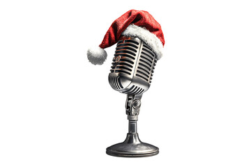 Microphone adorned with Santa hat isolated on transparent background
