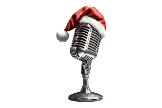 Microphone adorned with Santa hat isolated on transparent background
 - Powered by Adobe