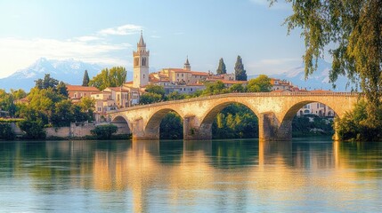 Obraz premium Historic stone bridge spanning calm river with a picturesque village and tall clock tower in the background under a clear sky