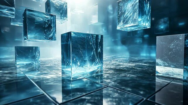 Glowing blue ice cubes float and reflect on a dark, reflective surface, creating a futuristic, abstract scene