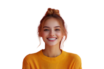 Joyful woman in bun hairstyle and bright orange sweater, radiating happiness with perfect teeth, isolated on a transparent background