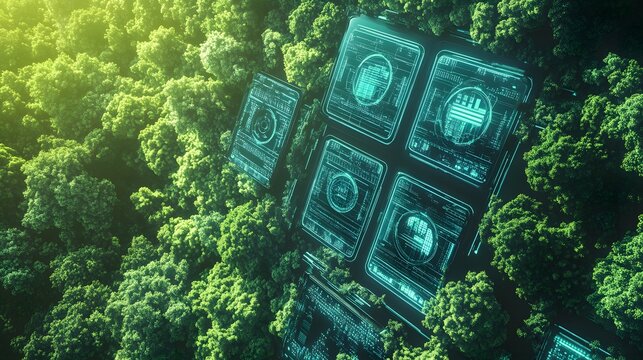 Digital interface overlaid on a lush forest canopy.