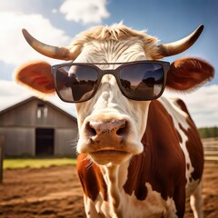 an AI Image Generator, Brown and White Cow Wearing Sunglasses