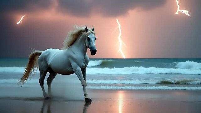 White horse running on beach stormy sky