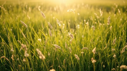 Obraz premium Golden Hour Meadow Tall Grasses Bask in Sunlight's Warm Embrace