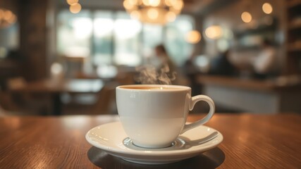 Obraz premium Aromatic Steam Rising from a White Coffee Cup on a Wooden Table in a Cafe