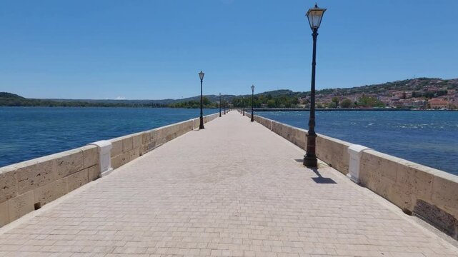 View of Obelisk along De Bosset Bridge Argostoli Kefalonia Greece Ionian Sea Mediterranean Europe 