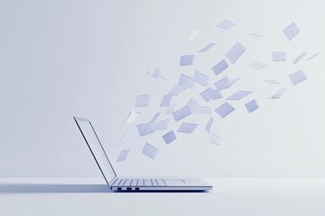 Laptop with floating papers, conveying digital flow and information transfer
