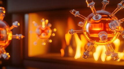 Fototapeta premium Suspended, glowing spheres against a fiery backdrop.