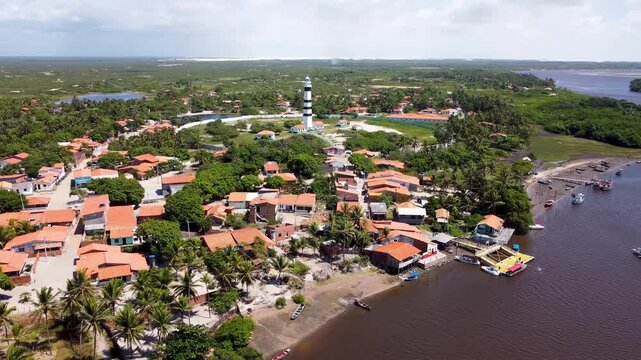 Mandacaru Lighthouse In Barreirinhas Maranhao Brazil. Bird Eye View Of A Amazing Coastal Beach In The Summer Holiday. Paradise Island Landscape Leisure Vibrant. Paradise Island Coast.
