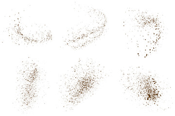Splash isolated vector set of flying coffee illustration. Chocolate powder dust particles background