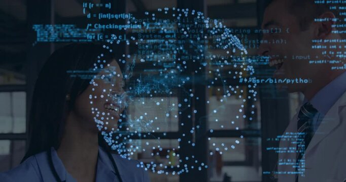 Nurse and doctor exchanging data causing data globe fading in while code streaming for analysis