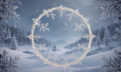 Elegant snowflake frame encircles charming winter landscape on a festive card template , christmas, holiday season