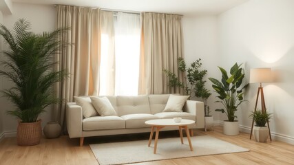 Serene Living Room with Neutral Decor and Lush Greenery