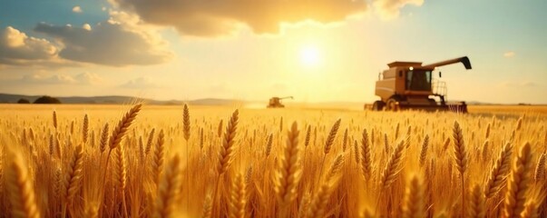 Fototapeta premium Golden wheat field under a summer sun, ready for harvest Combines in the distance, hinting at the upcoming bounty Abundant, ripe stalks sway gently in the breeze , farming, rural