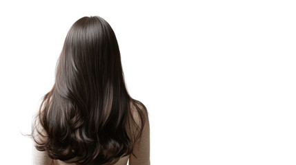 Naklejka premium Back view of a woman with long, flowing hair, showcasing elegance and beauty against a neutral background.
