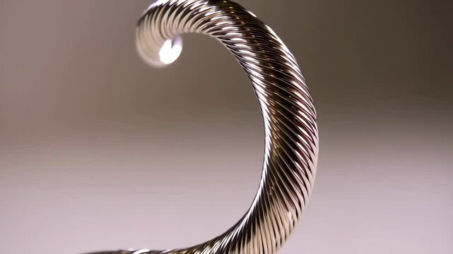Elegant silver metal twisted and coiled rod with textured surface, studio shot on a neutral backdrop.