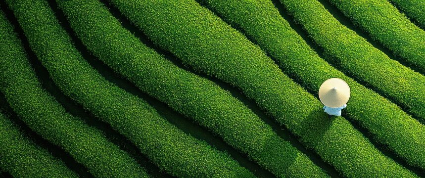 Aerial view of a person wearing a traditional conical hat walking through lush green terraced tea fields with curved rows under bright daylight