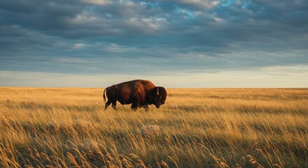 Lone Bison in the Prairie: A majestic bison strides across the expansive prairie under a sky painted with the hues of dawn.