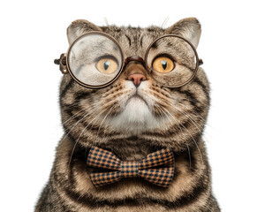 Charming American Shorthair cat wearing glasses and bow tie, exuding playful and intellectual vibe. This adorable feline captures attention with its unique style and expression
