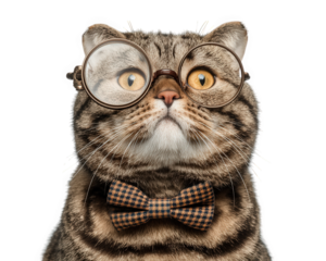 Charming American Shorthair cat wearing glasses and bow tie, exuding playful and intellectual vibe. This adorable feline captures attention with its unique style and expression