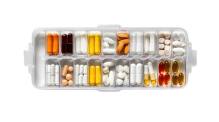Colorful assortment of various pills and capsules in a reusable organizer, white isolated background.