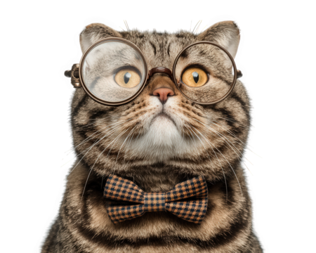 Charming American Shorthair cat wearing glasses and bow tie, exuding playful and intellectual vibe. This adorable feline captures attention with its unique style and expression
