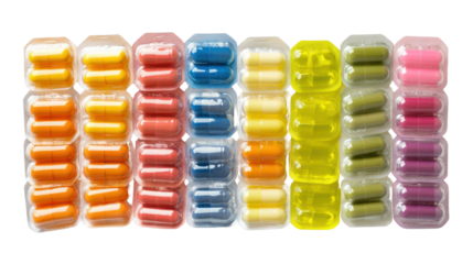 Colorful capsules arranged in rows on a white isolated background.
