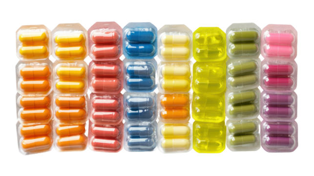 Colorful capsules arranged in rows on a white isolated background.