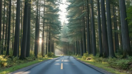 Obraz premium Sunlit Road Through Tall Trees in a Lush Forest