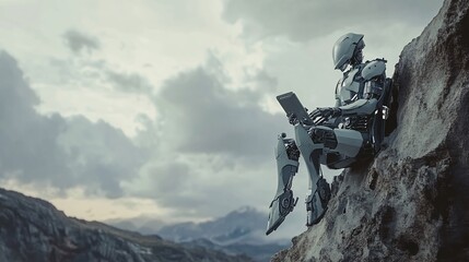 Futuristic contemplation, Robot using a laptop on a mountain top at dusk