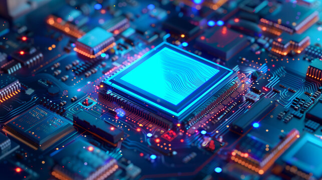 Glowing central microchip on vibrant blue circuit board in a futuristic digital setup