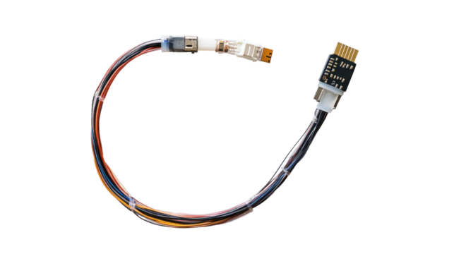 Connector cable with a flexible design on a white isolated background.