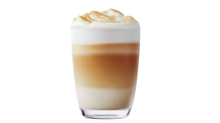 Creamy latte in a transparent glass showcasing distinct layers of coffee and milk.