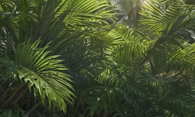 Lush green palm fronds, sunlight dappled, vibrant texture,  tropical plant,  flora