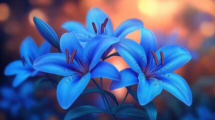 Fototapeta premium Close-up of vibrant blue lilies with detailed petals and stamens against a softly blurred background with warm tones, evoking calmness and beauty
