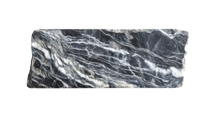 Die-cut black marble surface with white veins, isolated on a white background.
