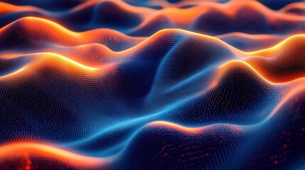abstract digital landscape with glowing orange and blue waveforms and dotted texture creating a flowing futuristic terrain
