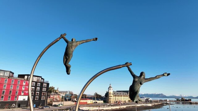 Monument To The Wind In Puerto Natales Antarctica Chile. Aerial Landscape Of Famous Statue In A Natural Scenery. Snowing Lake Glacial Frozen. Glacial. Puerto Natales antarctica.