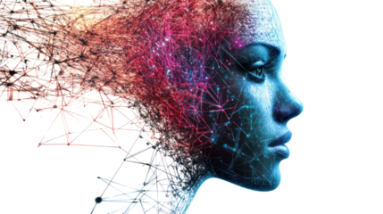 Futuristic portrait representing artificial intelligence and creativity, with digital elements in vibrant colors.