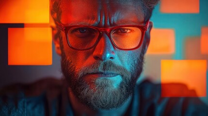 Close-up of a serious bearded man wearing glasses surrounded by glowing colorful sticky notes in dim blue and orange lighting, showing intense focus and contemplation