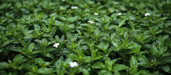 Lush green ground cover with tiny white flowers