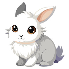 A fluffy, white baby rabbit with big, dark eyes sits attentively  a white background.