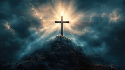 Naklejka premium Wooden cross standing atop rocky hill with bright radiant light and dramatic cloudy sky creating a powerful spiritual atmosphere