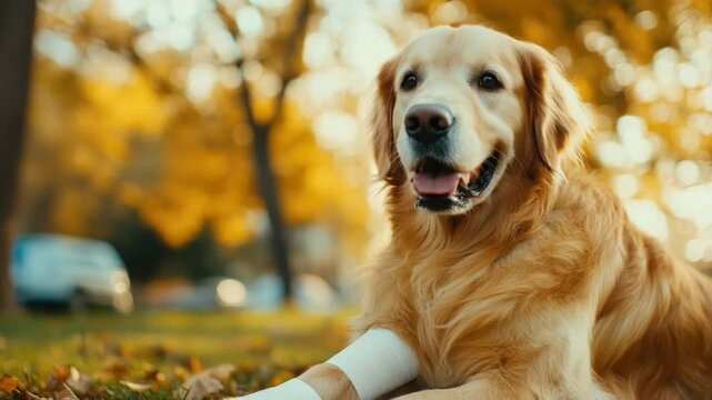 Friendly golden retriever with bandage enjoying autumn outdoor park with yellow leaves and soft sunlight creating warm atmosphere 4k video footage