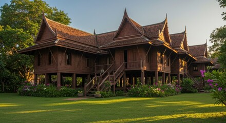 Fototapeta premium Traditional Thai House: A beautifully preserved traditional Thai house with intricate woodwork stands majestically, surrounded by lush greenery and basking in the warm glow of the setting sun.