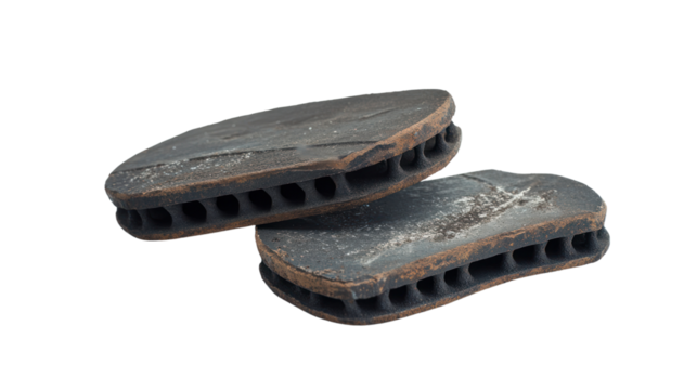 Old worn-out brake pads on a white isolated background.