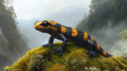 Fototapeta premium A salamander perched atop a moss-covered rock in a misty mountain landscape.