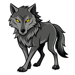 A gray wolf with piercing yellow eyes walks forward against a white background.