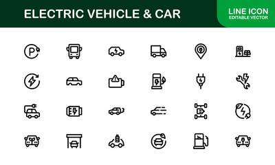 Premium Electric Vehicle and Car Icon Set for Apps, Websites, Automotive Projects, and Sustainable Mobility Designs | High-Quality Vector Graphics